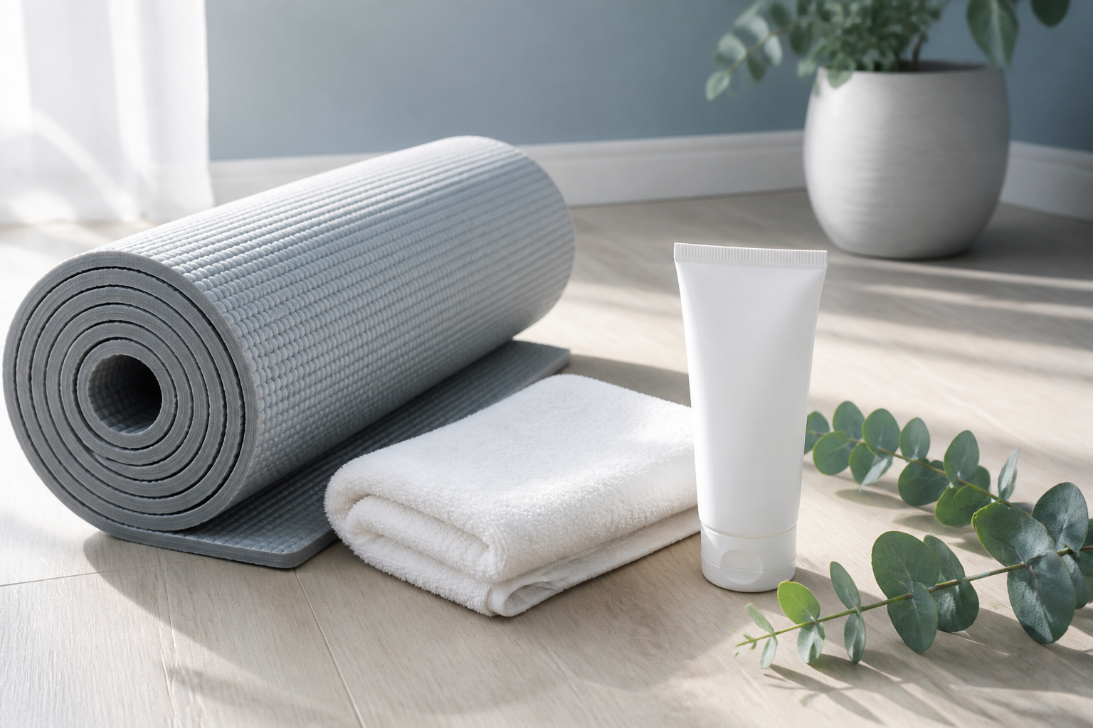 Yogamatte, Handtuch und Pflegecreme als Motive für Gelenke und Beweglichkeit