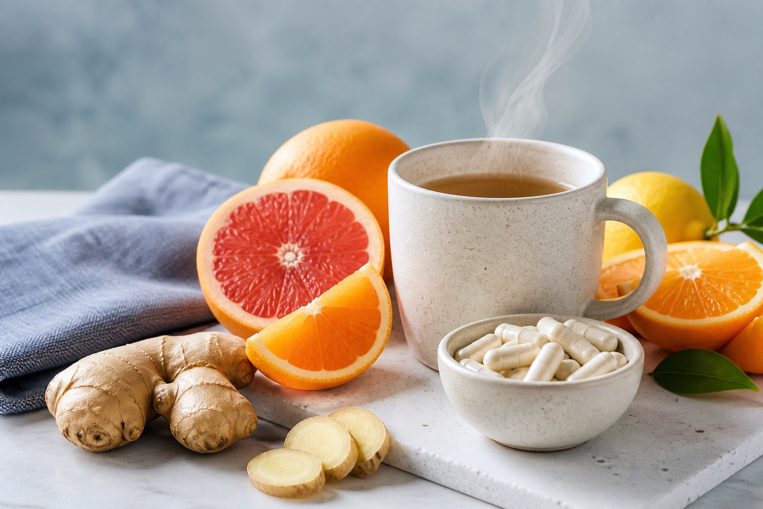 Zitrusfrüchte, Ingwer und Kräutertee als Motive für Abwehrkräfte