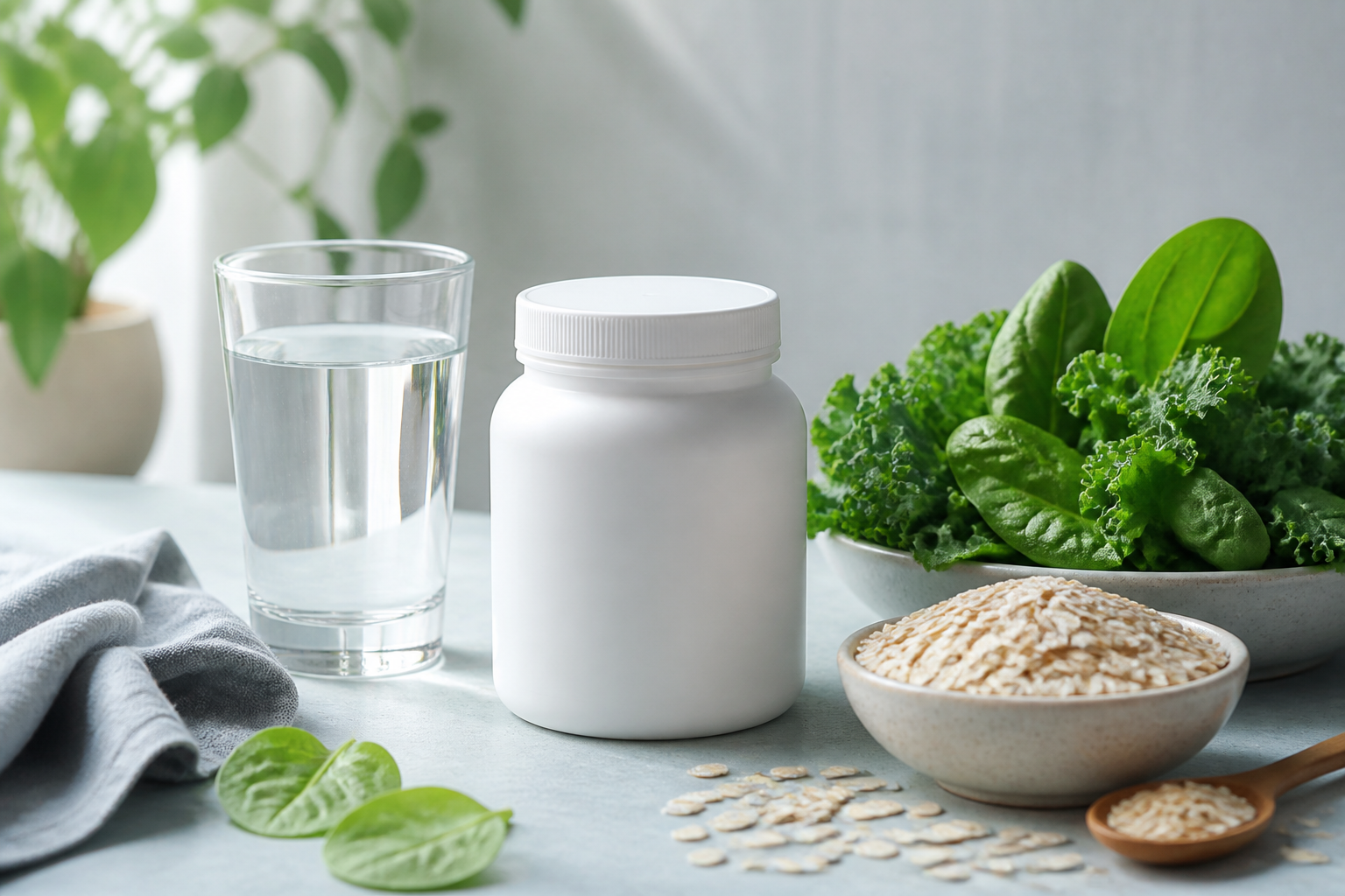 Wasser, Gemüse und Haferflocken als Motive für Stoffwechsel und Ernährung